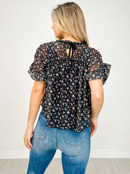 Floral Print Chiffon Top With Flutter Sleeves