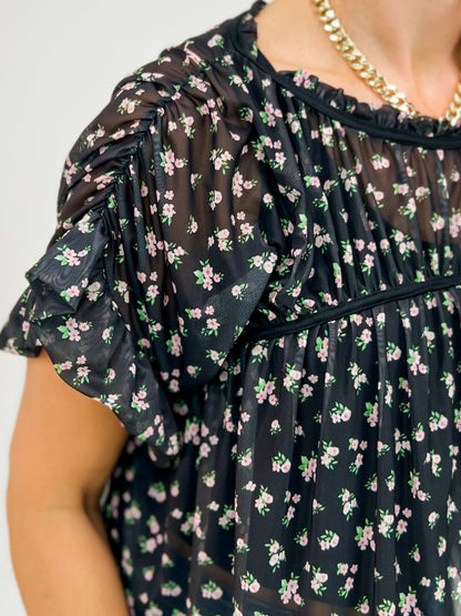 Floral Print Chiffon Top With Flutter Sleeves