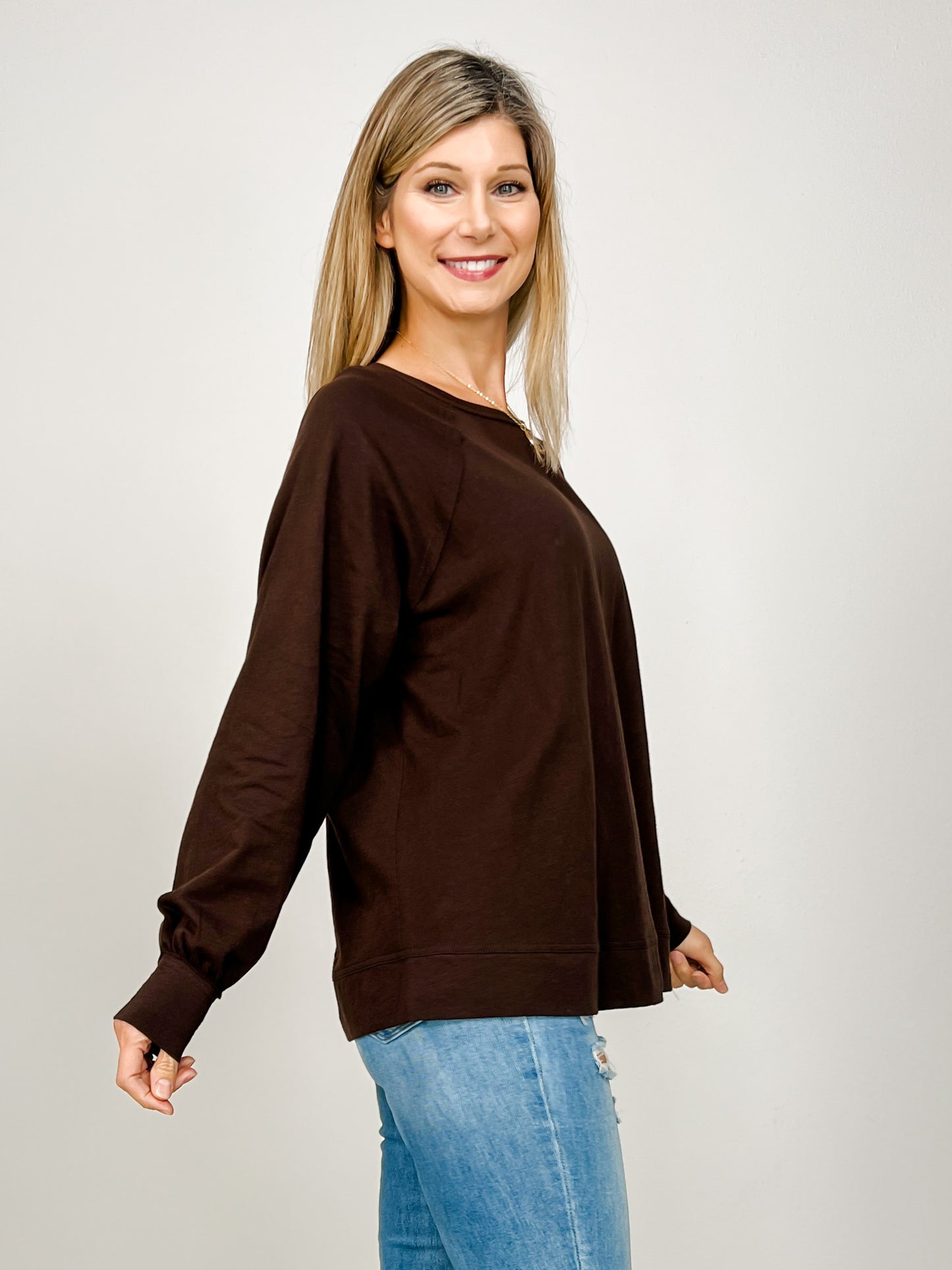 Oversized Cotton Slub Long Sleeve Top in Espresso