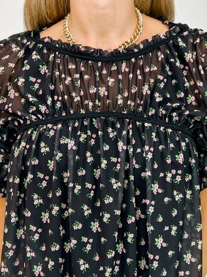 Floral Print Chiffon Top With Flutter Sleeves