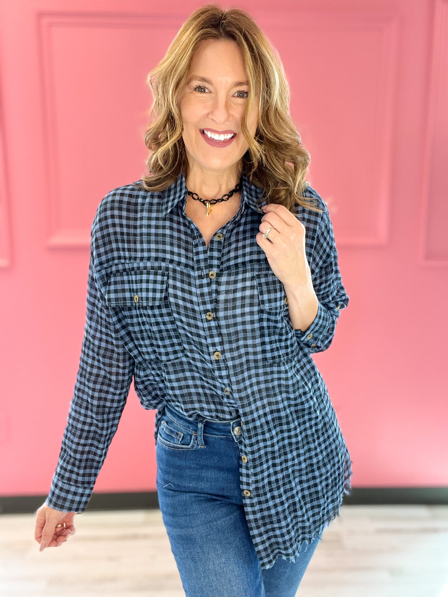 Long Sleeve Plaid Woven Top