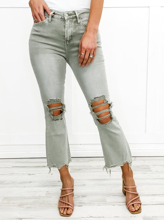 Vervet High Rise Cropped Flare Jeans in Moss Green