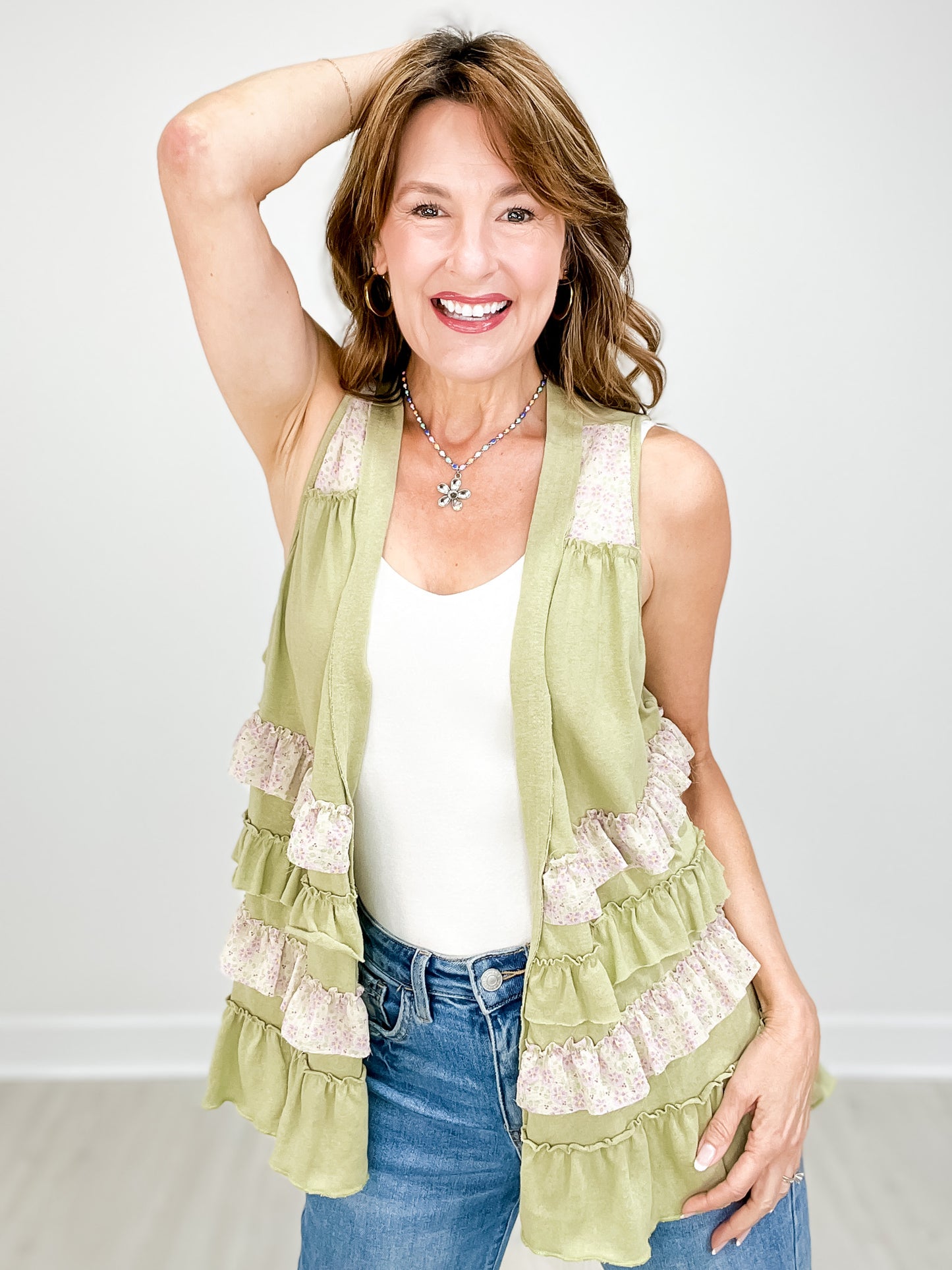 Ruffle Detail Sleeveless Open Front Cardigan Top