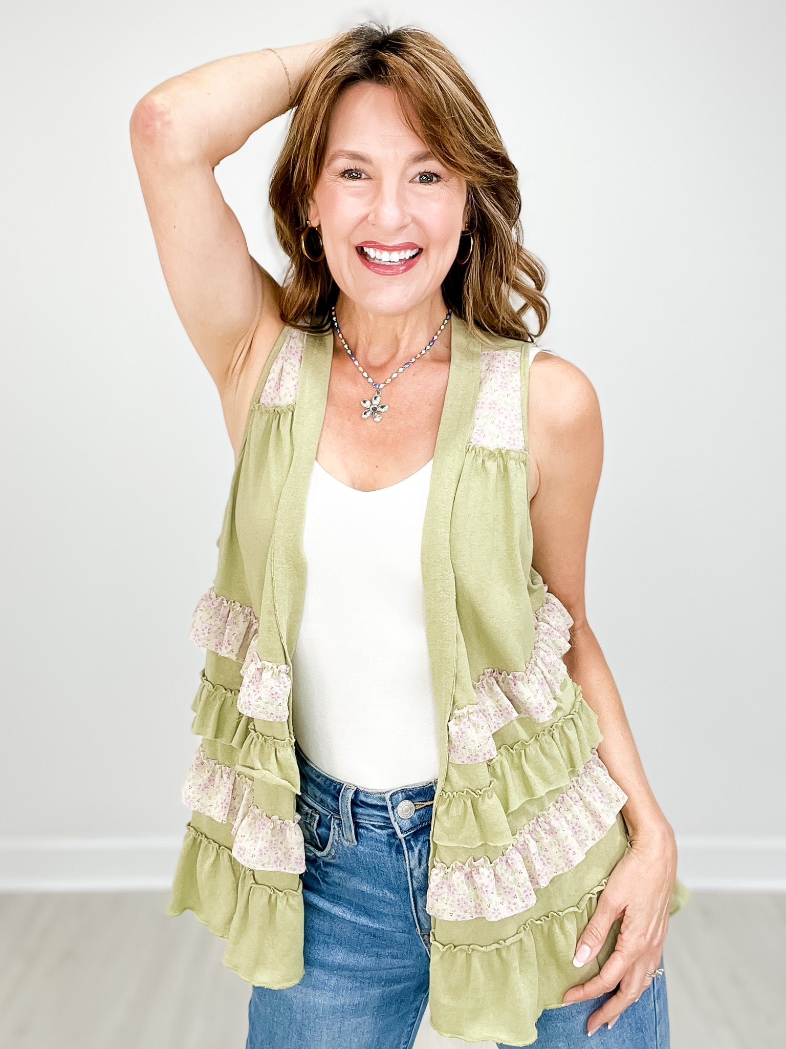 Ruffle Detail Sleeveless Open Front Cardigan Top