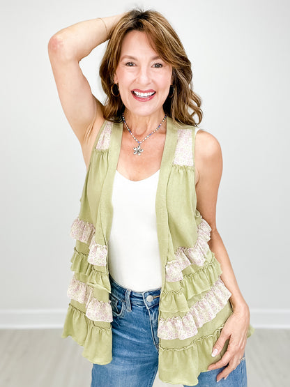 Ruffle Detail Sleeveless Open Front Cardigan Top