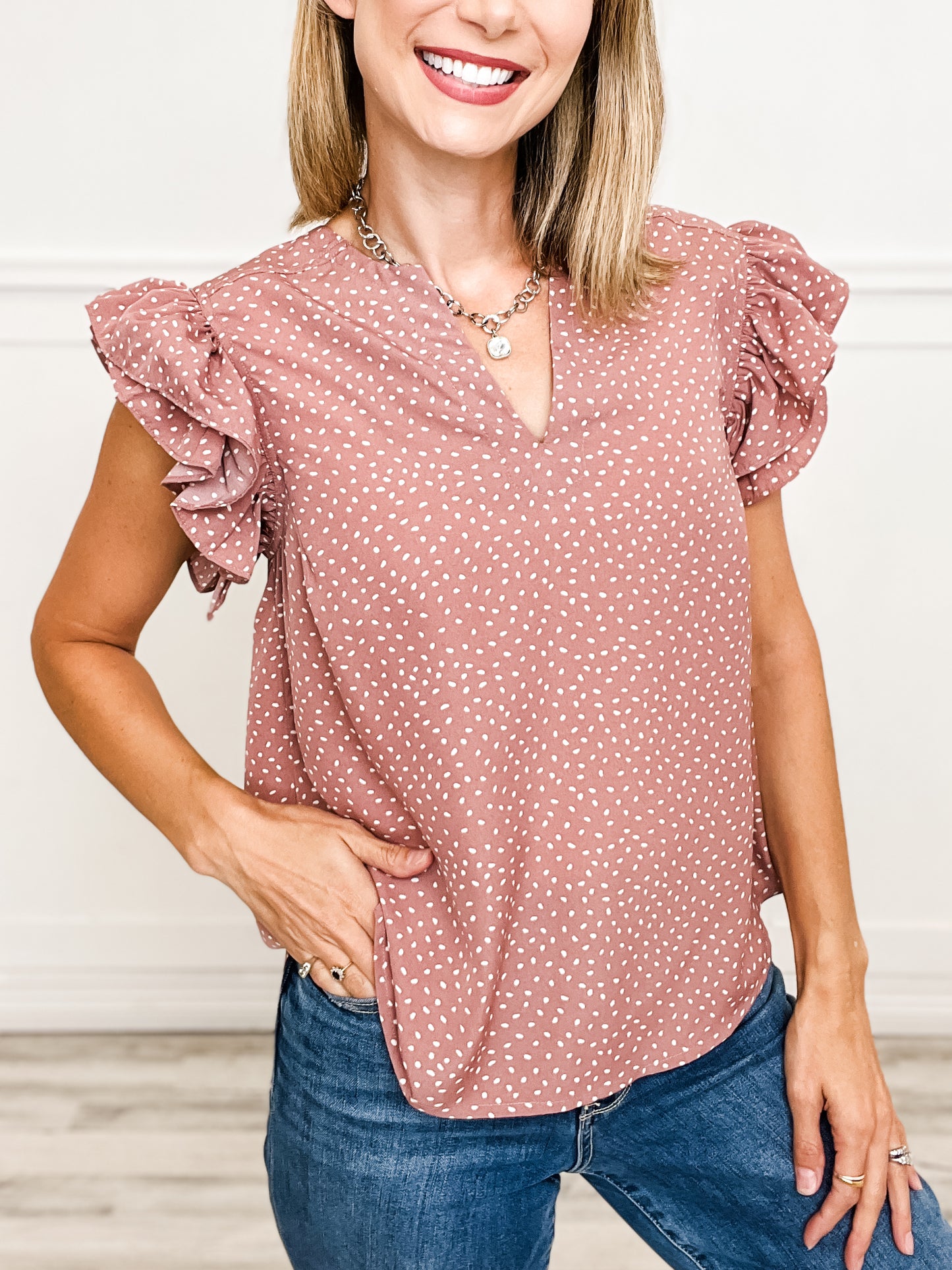 Dot Print Split Neck Ruffle Sleeve Top