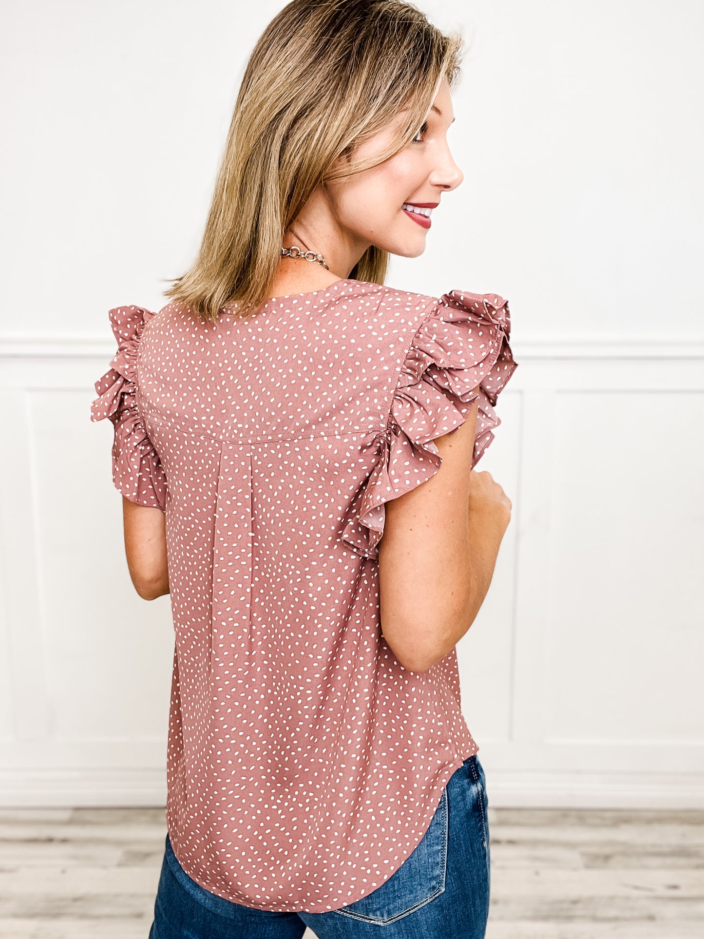 Dot Print Split Neck Ruffle Sleeve Top