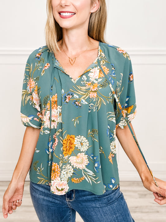 Flower Print Bubble Sleeve Pleat Detail Top