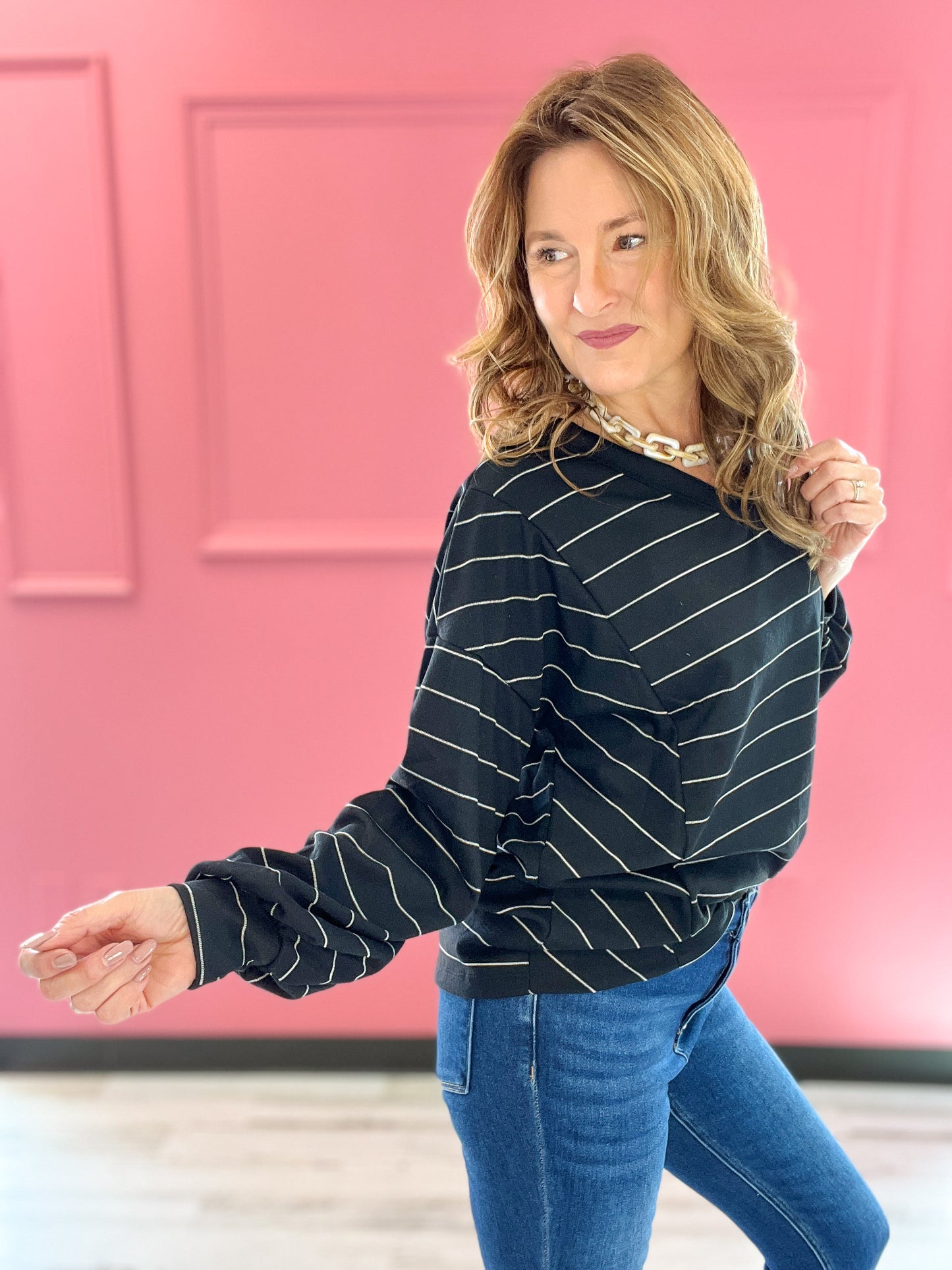 V-Neck Long Sleeved Striped Top with Contouring Seam Lines