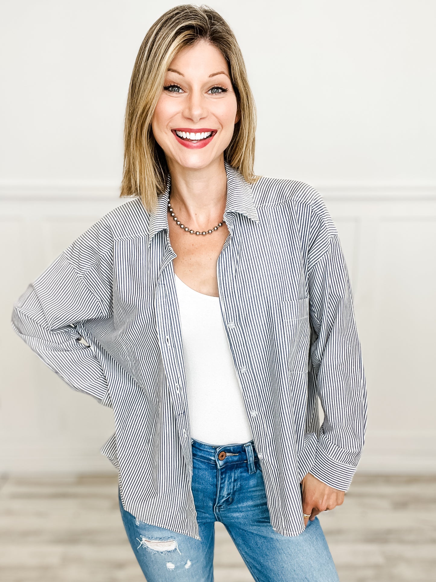 Back Pleated Button Down Collared Top