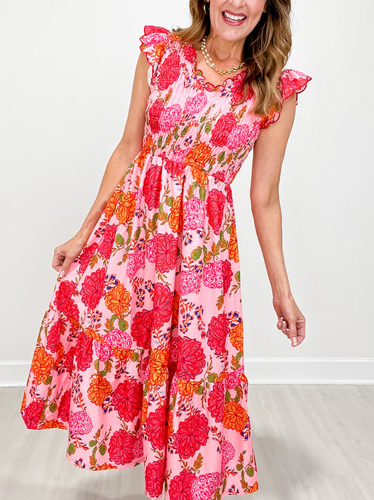 Floral Print Smocked Top V-Neck Dress