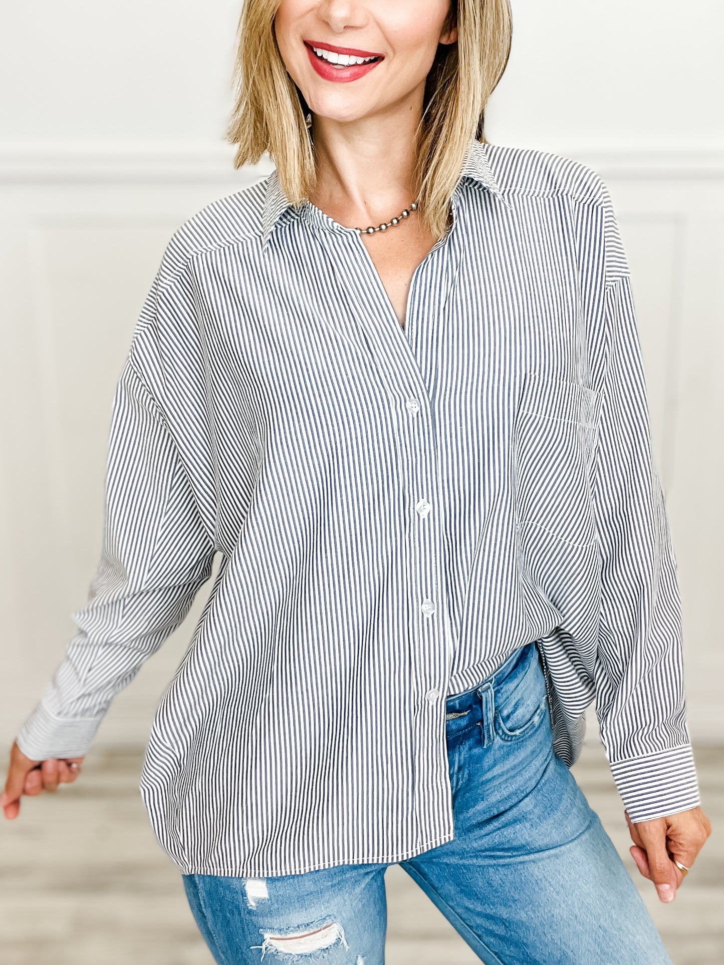 Back Pleated Button Down Collared Top