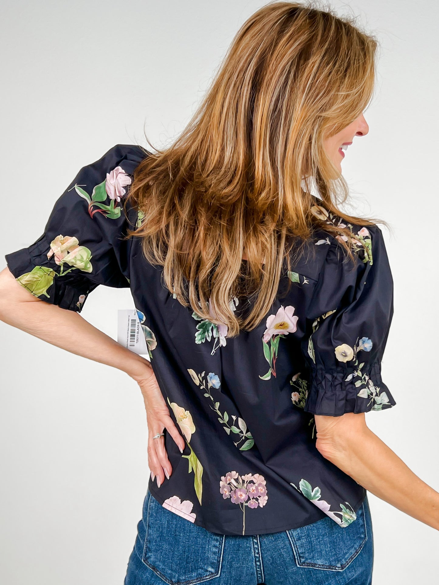 Multicolor Floral Short Puff Sleeve Smock Detail Top