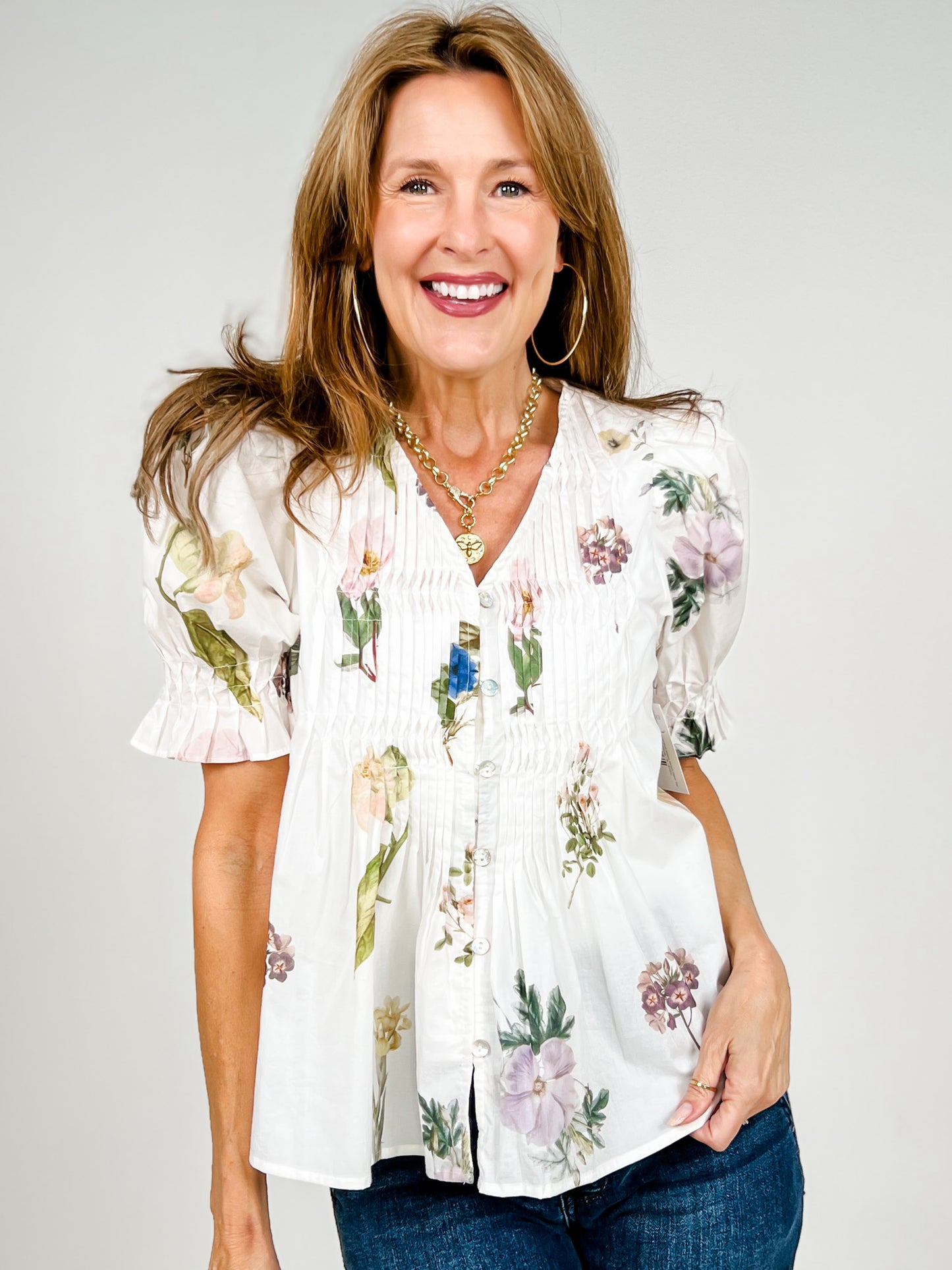 Multicolor Floral Short Puff Sleeve Smock Detail Top