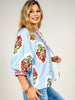 3/4 Sleeve Printed Top with Ruffled V-Neck