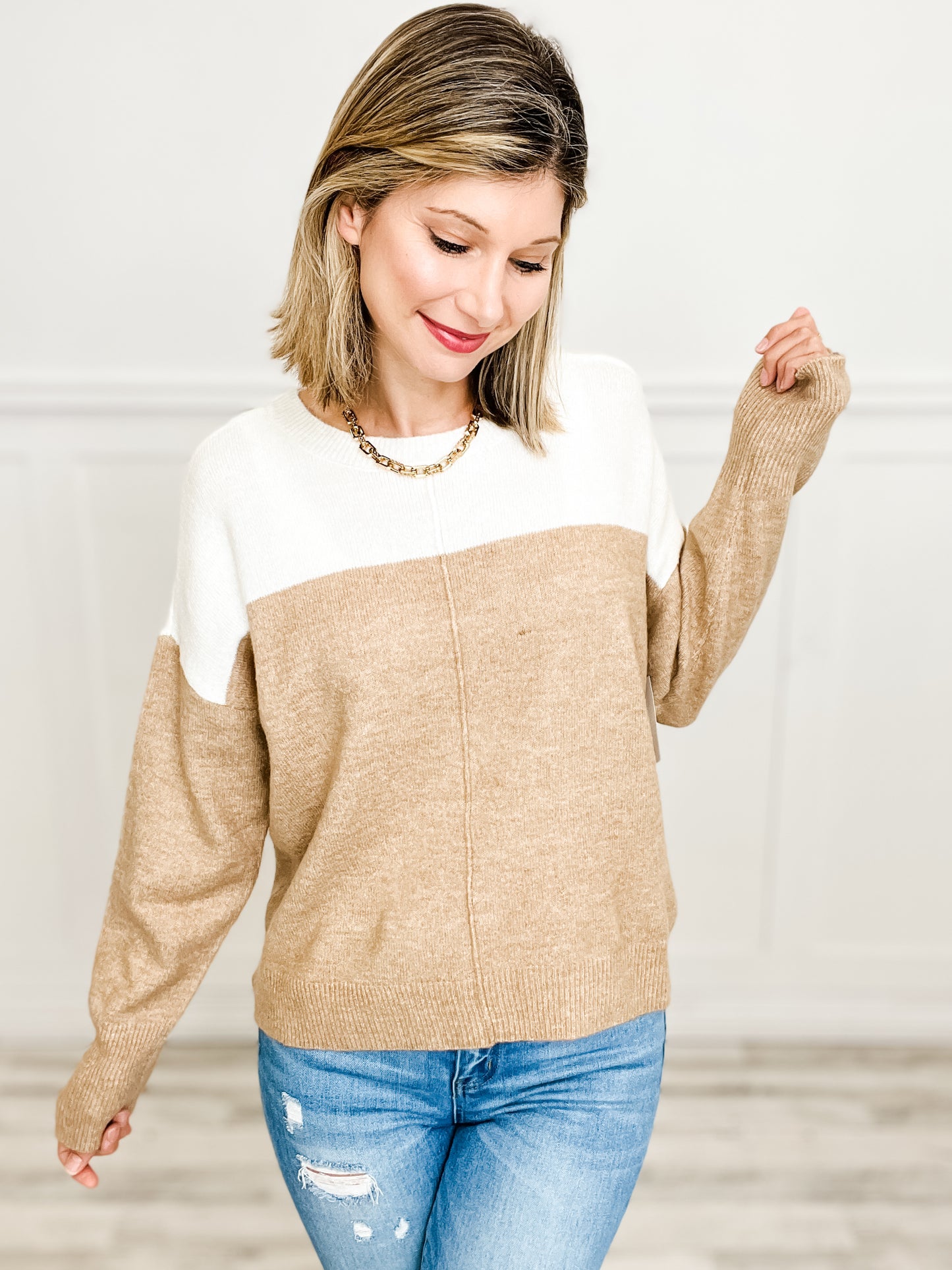 CONTRAST LONG SLEEVE KNIT PULLOVER SWEATER