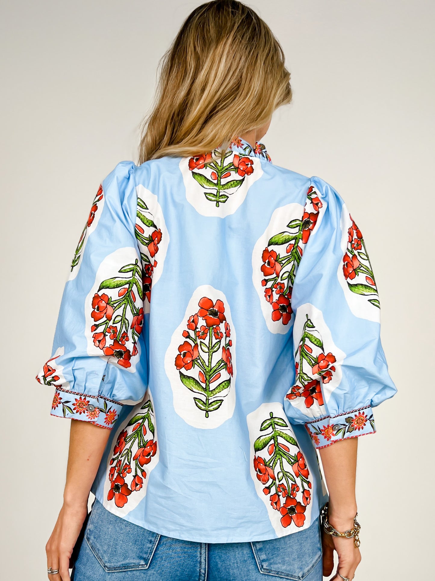 3/4 Sleeve Printed Top with Ruffled V-Neck