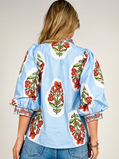 3/4 Sleeve Printed Top with Ruffled V-Neck