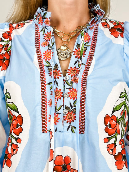3/4 Sleeve Printed Top with Ruffled V-Neck