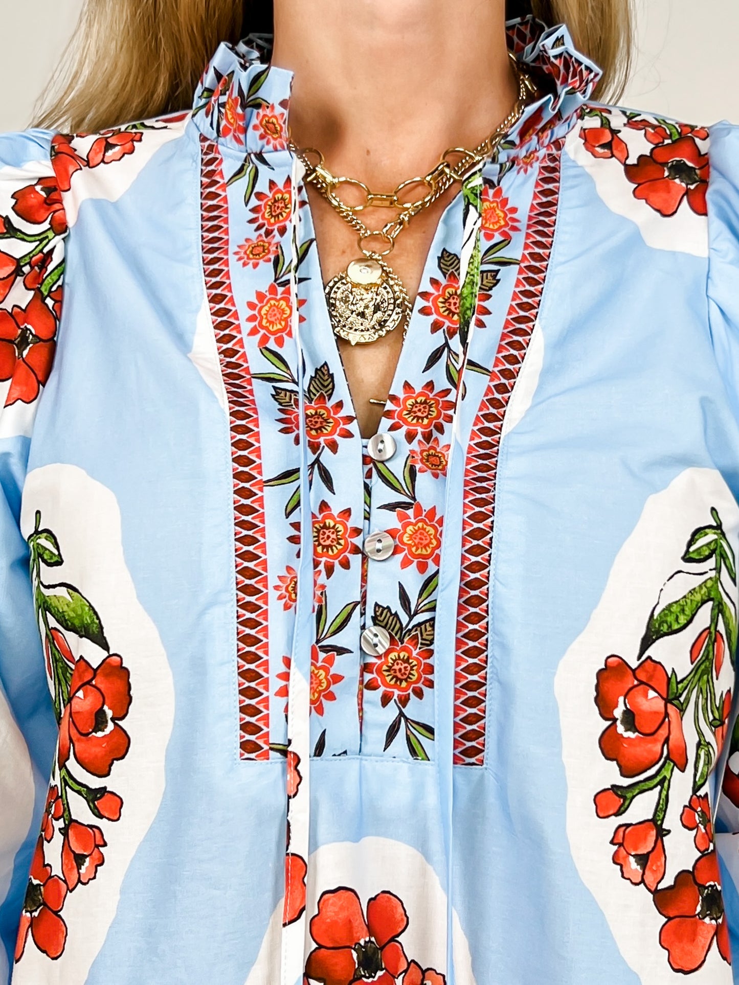 3/4 Sleeve Printed Top with Ruffled V-Neck