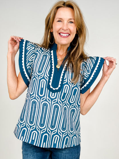 Scallop Accent Trim Flutter Sleeve V-Neck Top