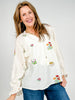 Embroidered Long Raglan Sleeve Top with V-Neckline