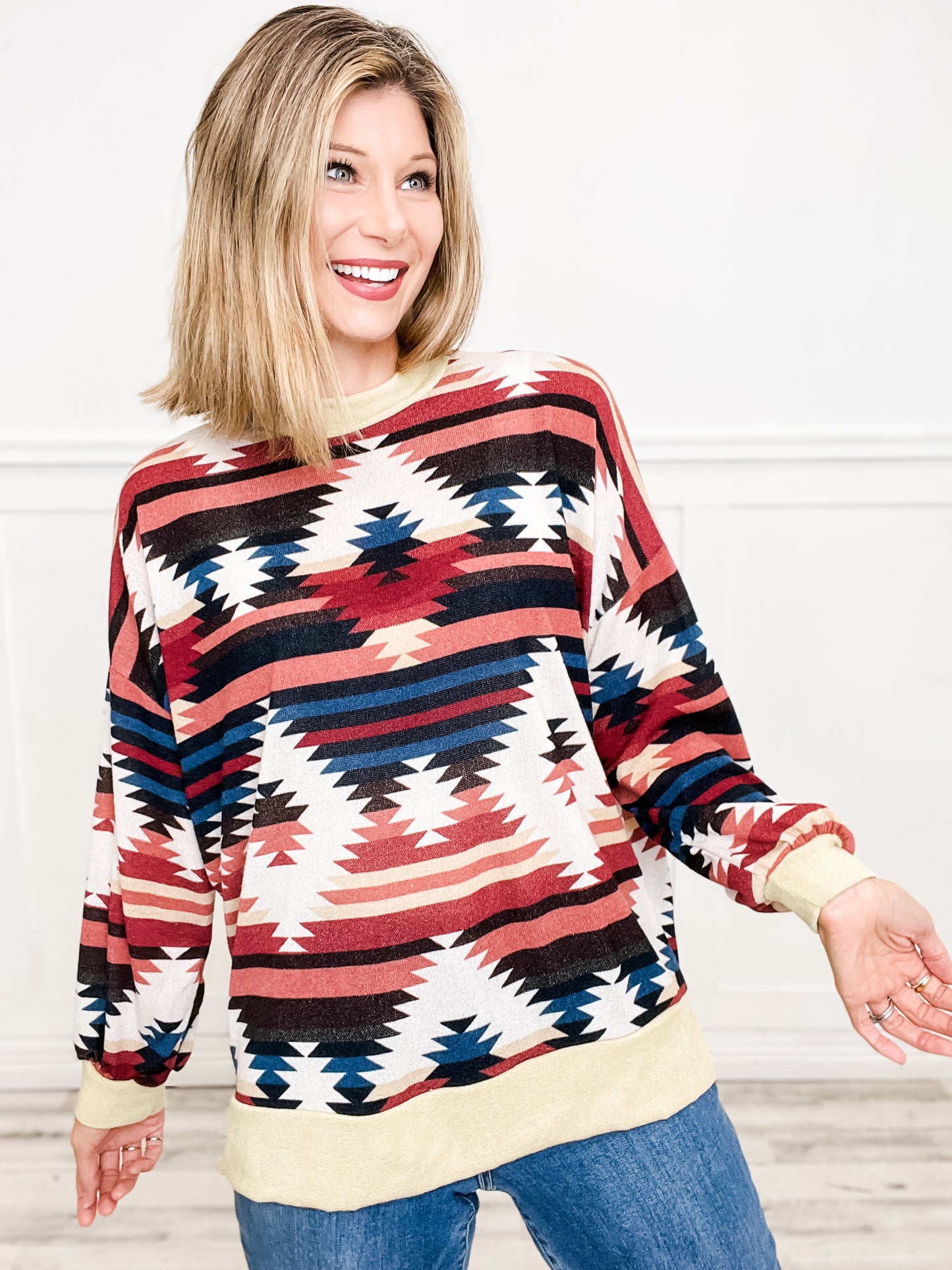 Aztec Print Mock Neck Long Sleeve Top