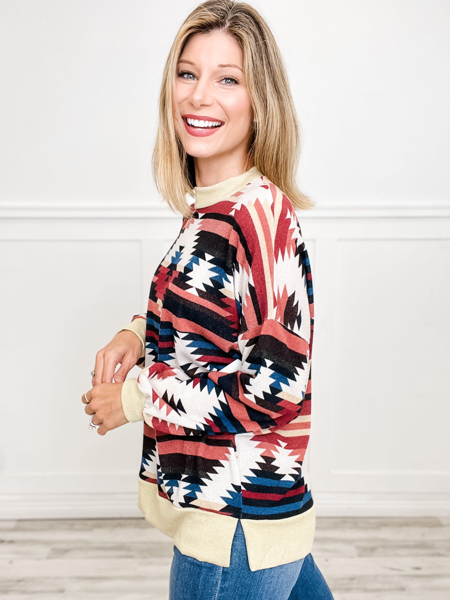 Aztec Print Mock Neck Long Sleeve Top