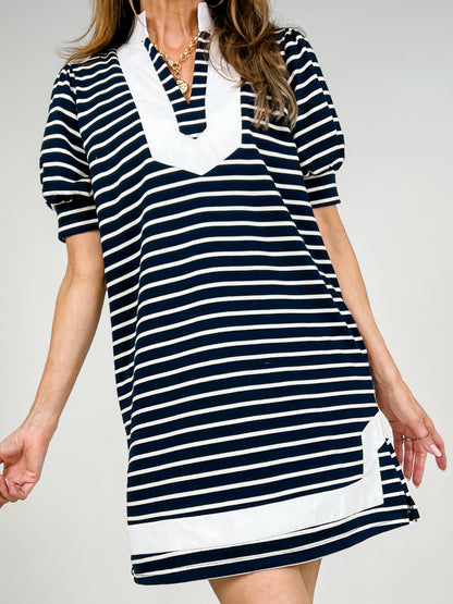 Short Puff Sleeve Mini Striped Dress with V-Neck Insert