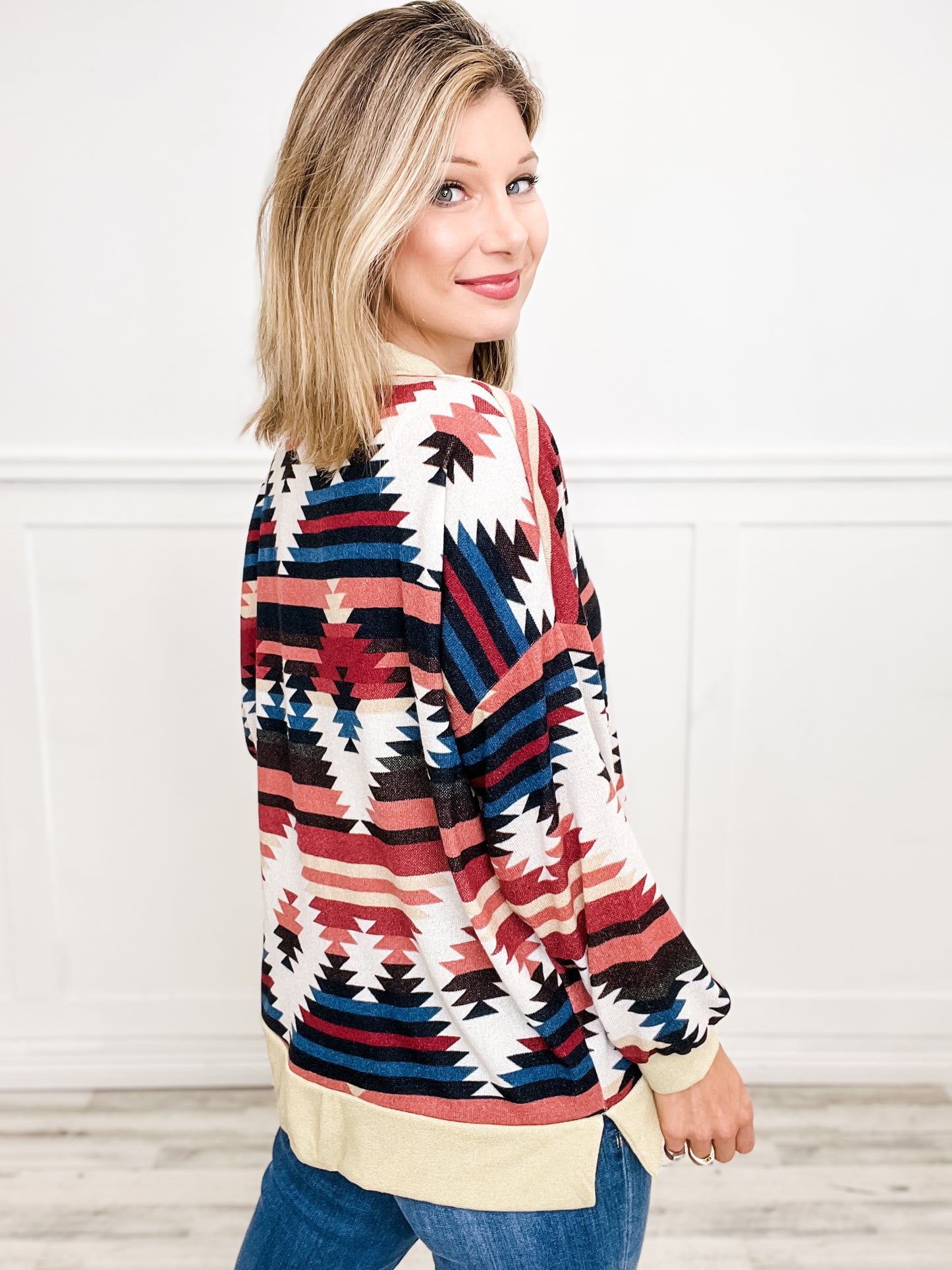 Aztec Print Mock Neck Long Sleeve Top