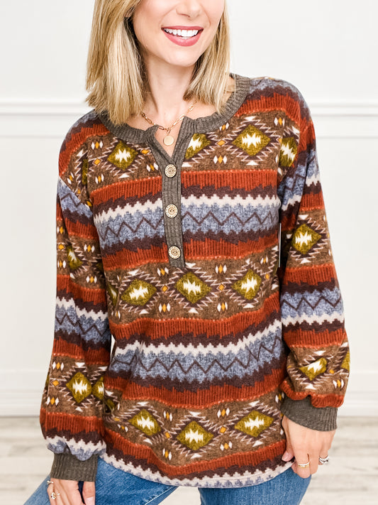 Aztec Print Henley Sweatshirt Top