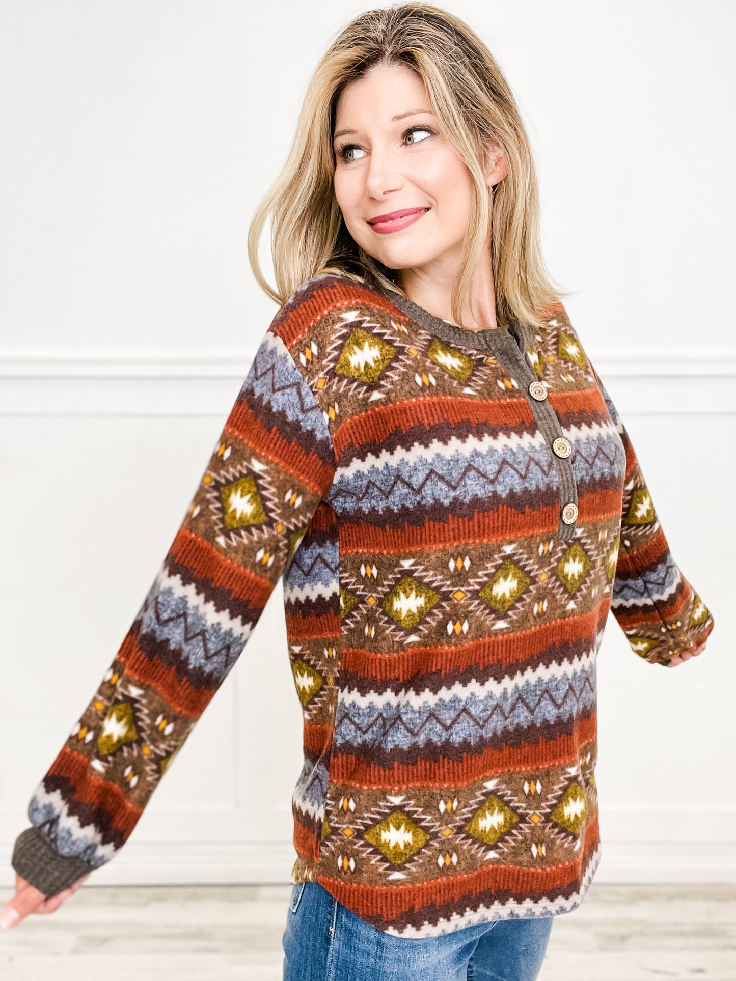 Aztec Print Henley Sweatshirt Top