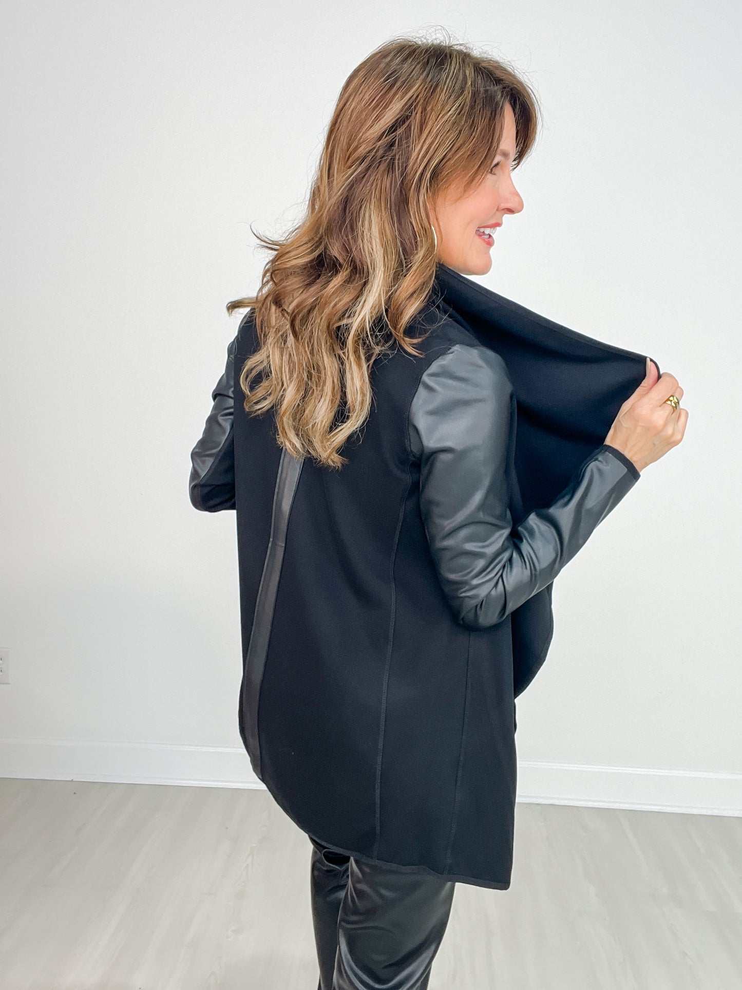 Leather Detail Waterfall Cardigan