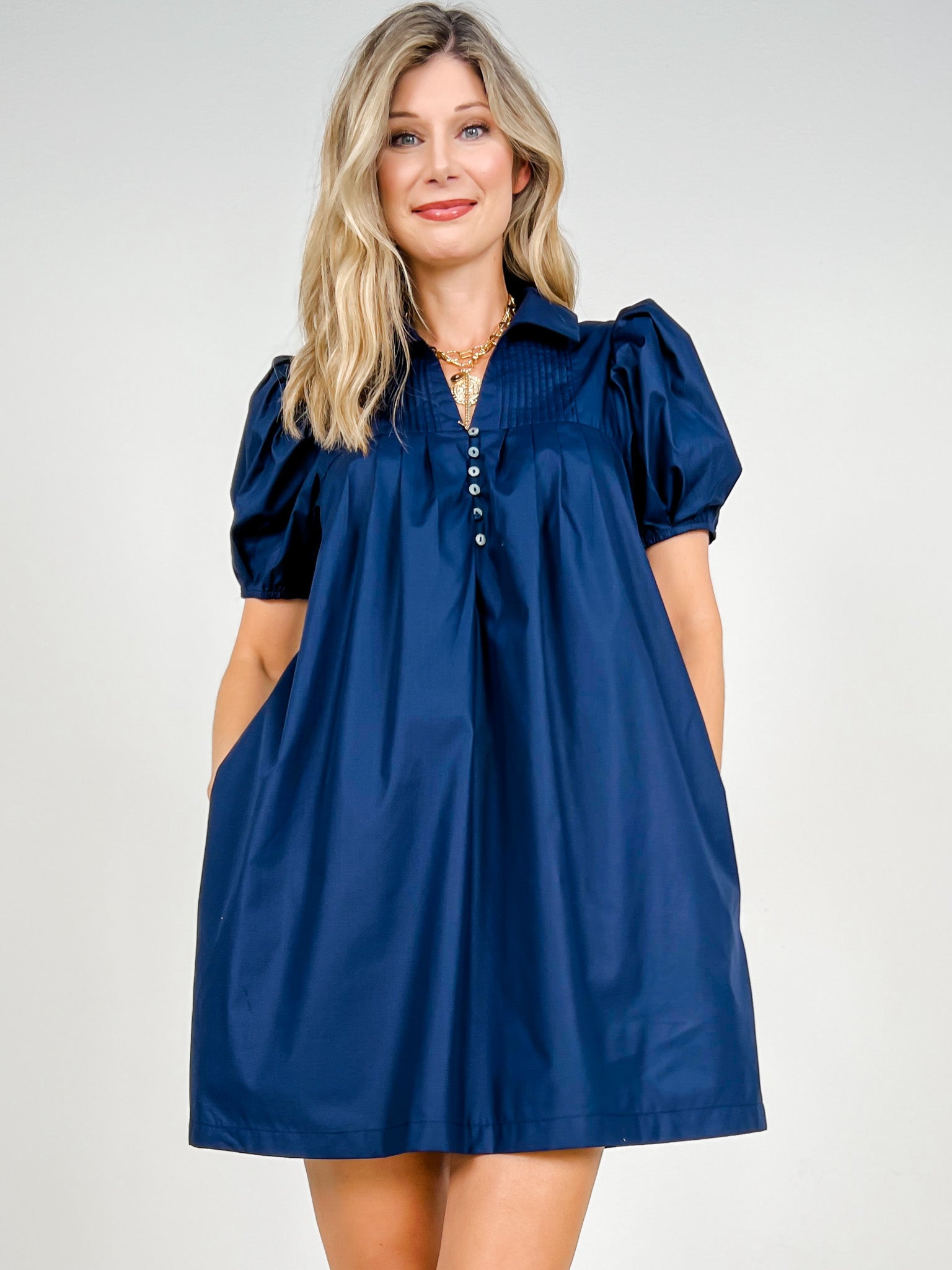 Short Puff Sleeve Mini Dress with Button Front Closure