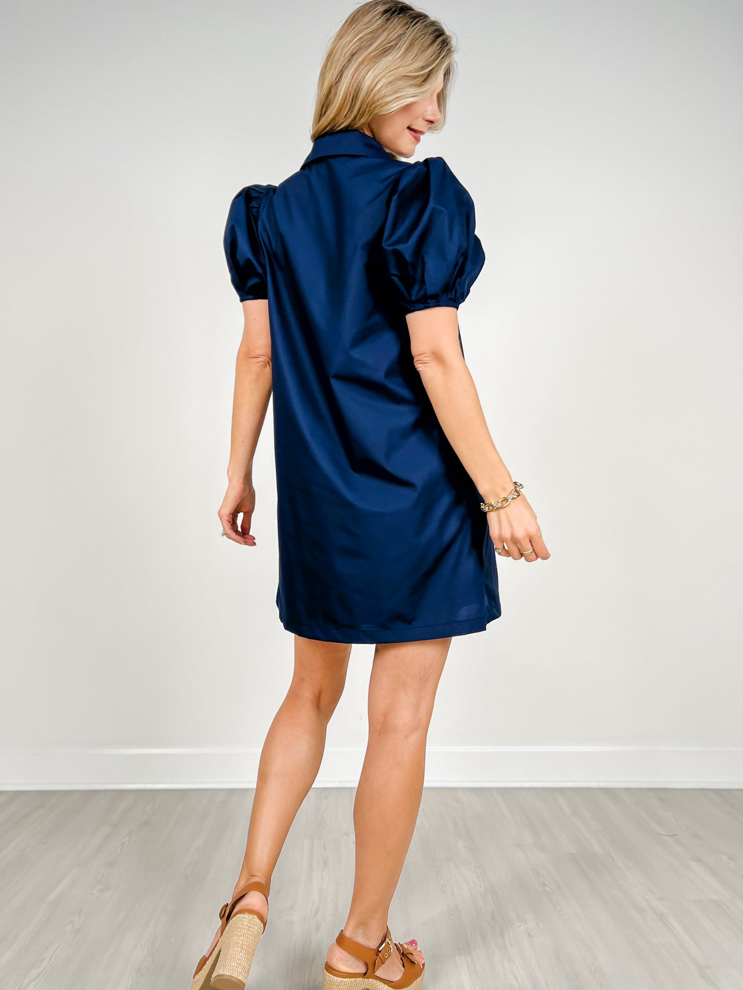 Short Puff Sleeve Mini Dress with Button Front Closure