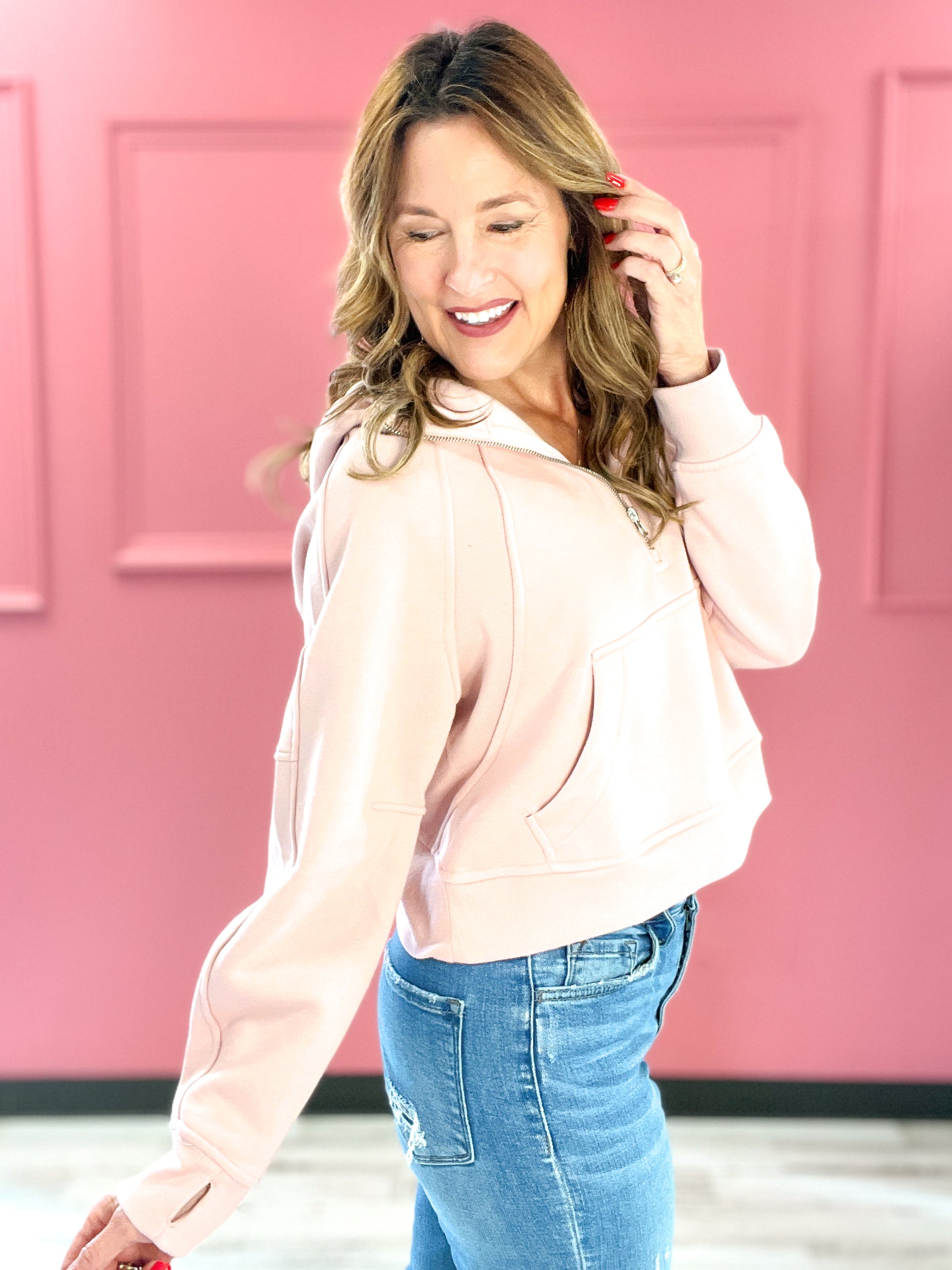 Just Having Fun French Terry Cropped Quarter Zipped Hooded Jacket - SET A