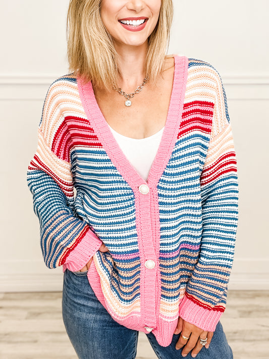 Multi Striped Cardigan Top with Jeweled Button Front