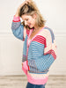 Multi Striped Cardigan Top with Jeweled Button Front