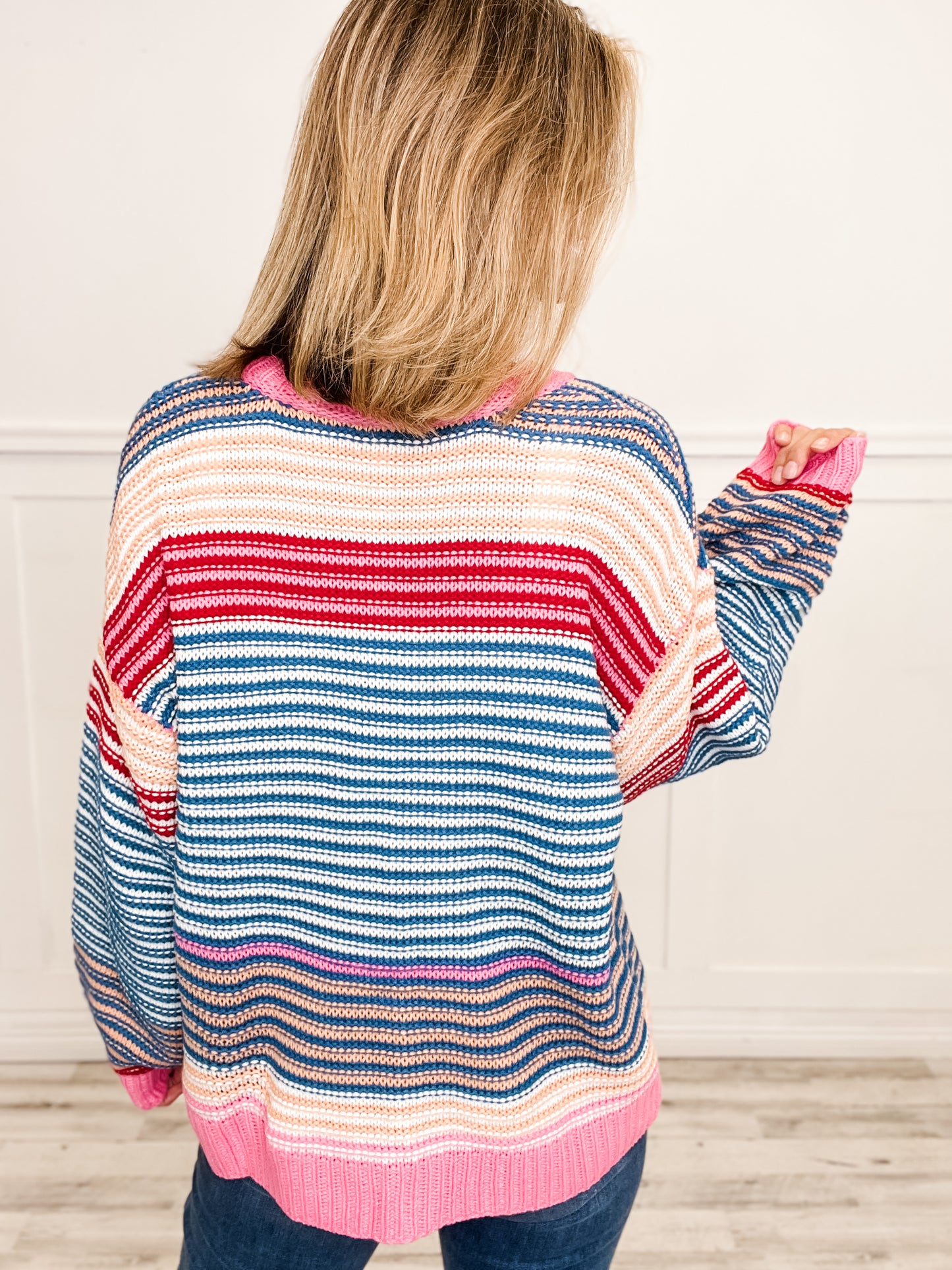 Multi Striped Cardigan Top with Jeweled Button Front