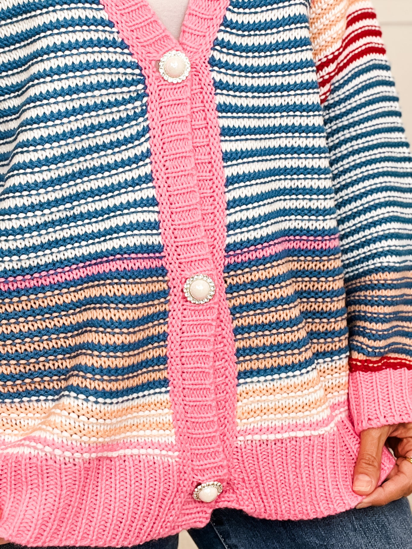 Multi Striped Cardigan Top with Jeweled Button Front