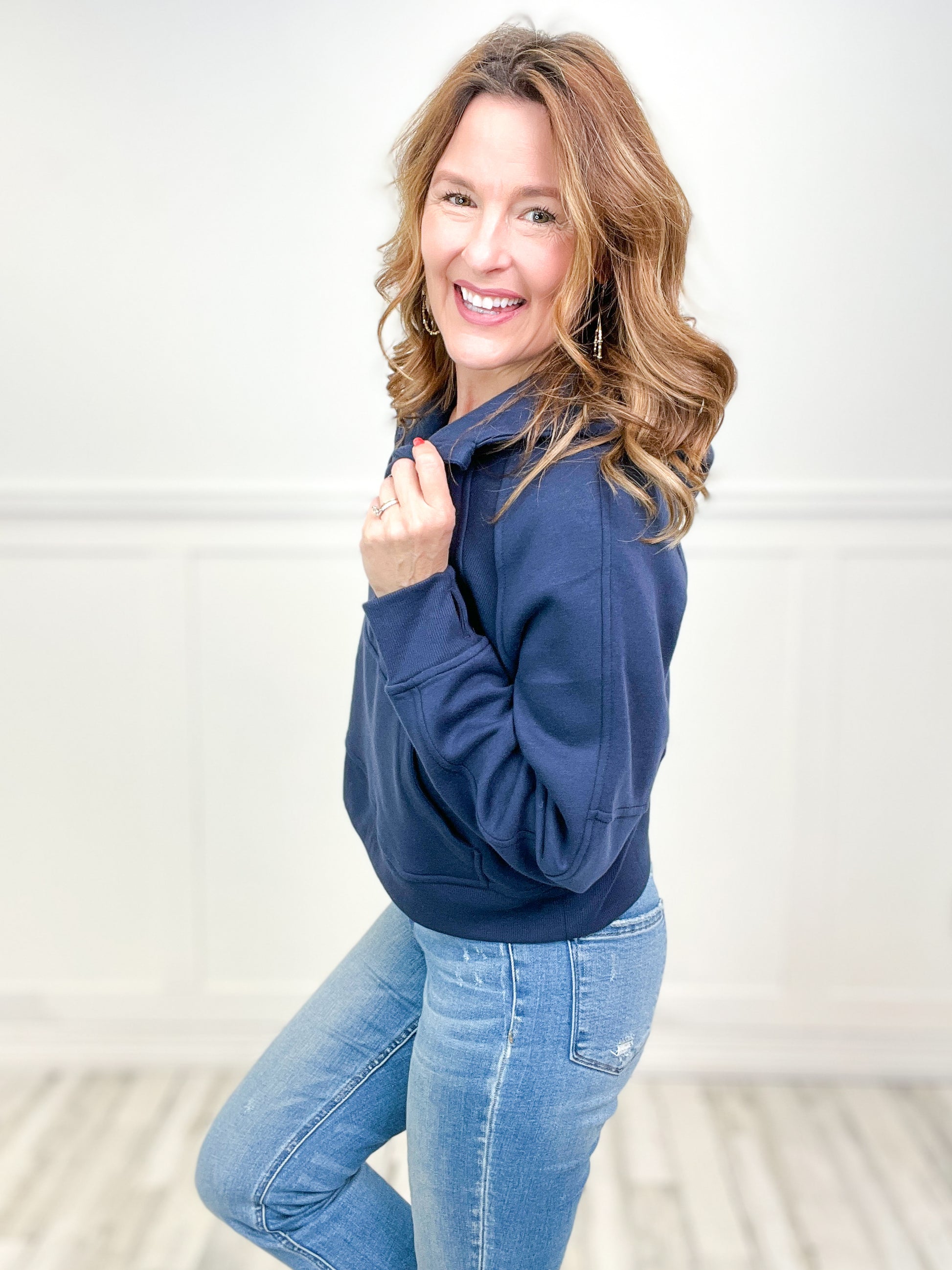 Just Having Fun French Terry Cropped Quarter Zipped Hooded Jacket - SET B