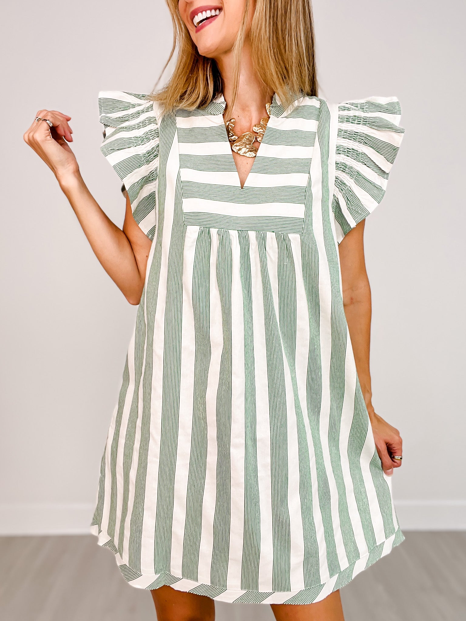 Striped V-Neck Ruffle Sleeve V-Neck Mini Dress