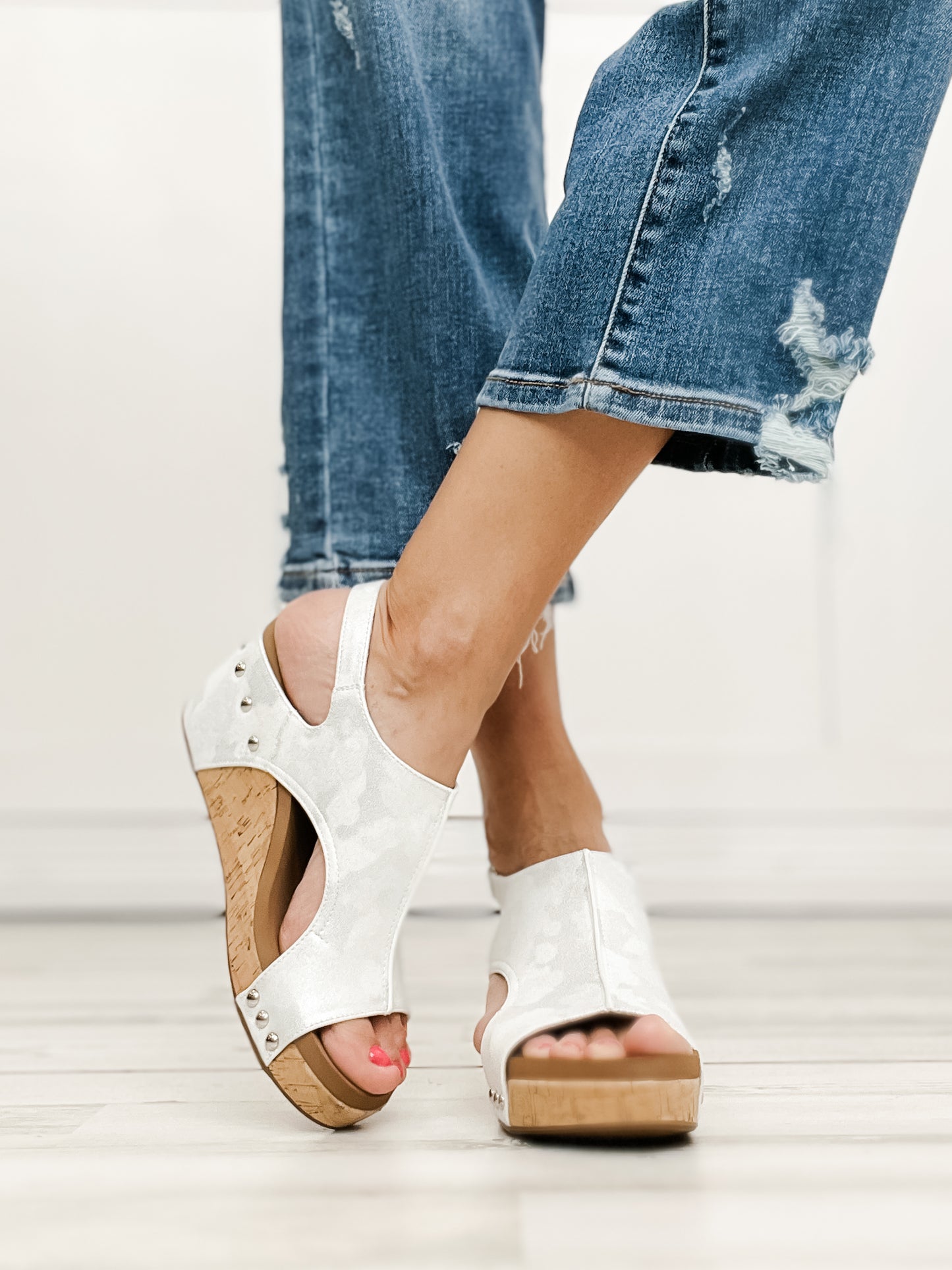 Corkys Carley White Metallic 2 Wedge Sandal