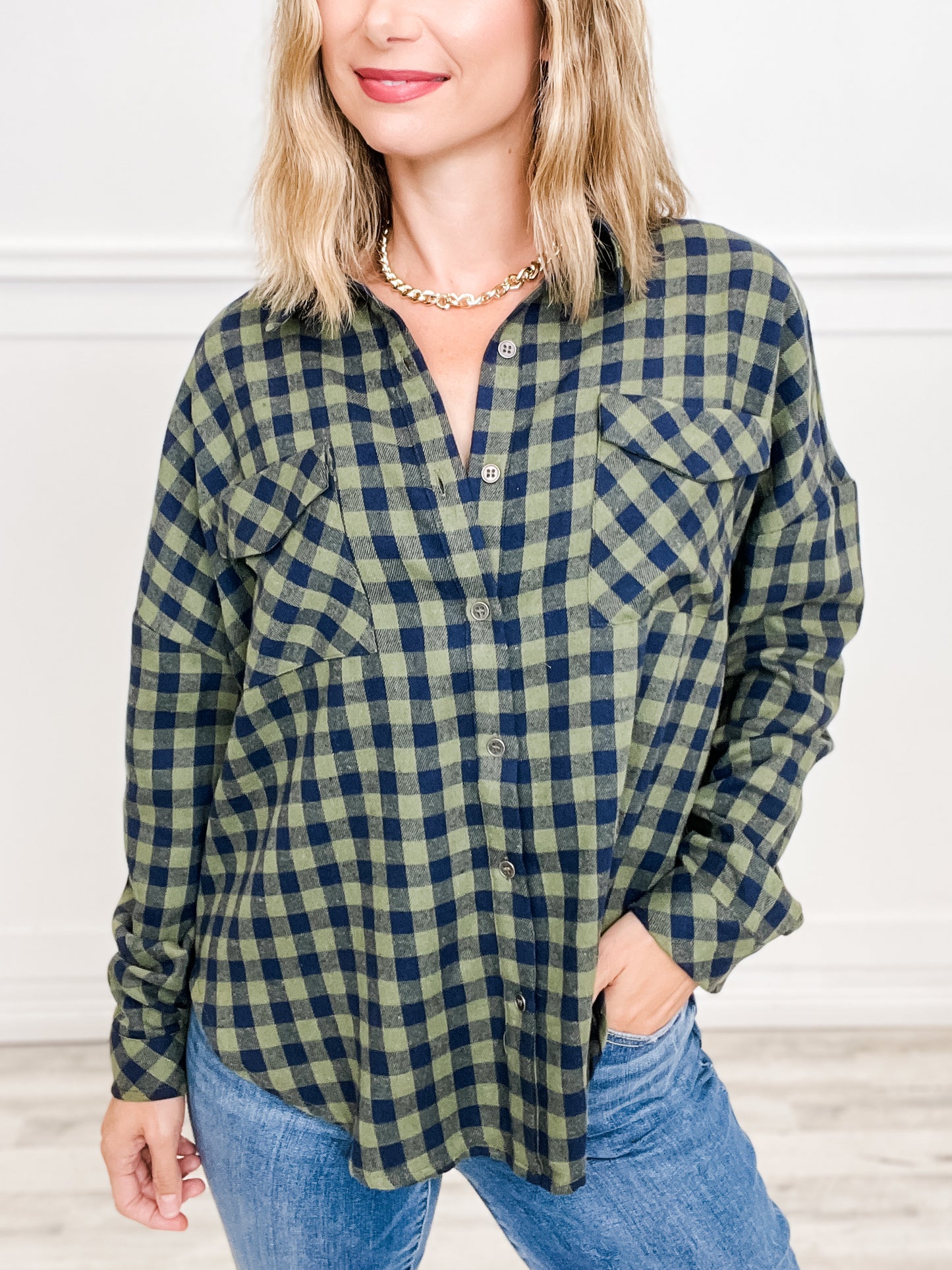 Oversized Button Down Plaid Shacket with Rounded Hemline