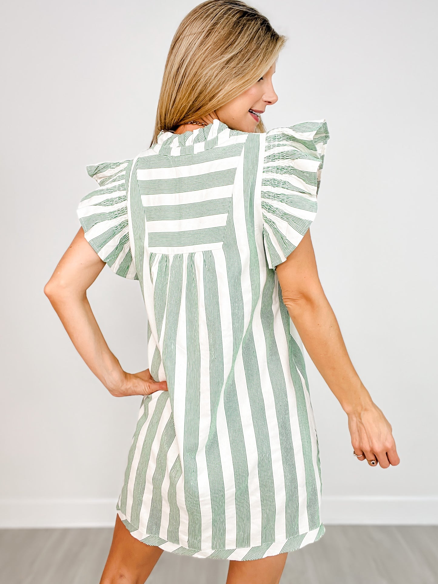 Striped V-Neck Ruffle Sleeve V-Neck Mini Dress
