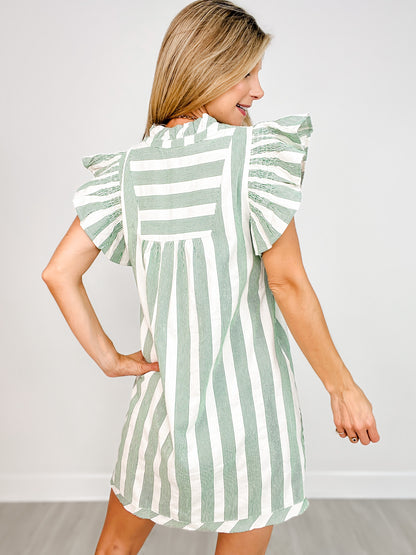 Striped V-Neck Ruffle Sleeve V-Neck Mini Dress