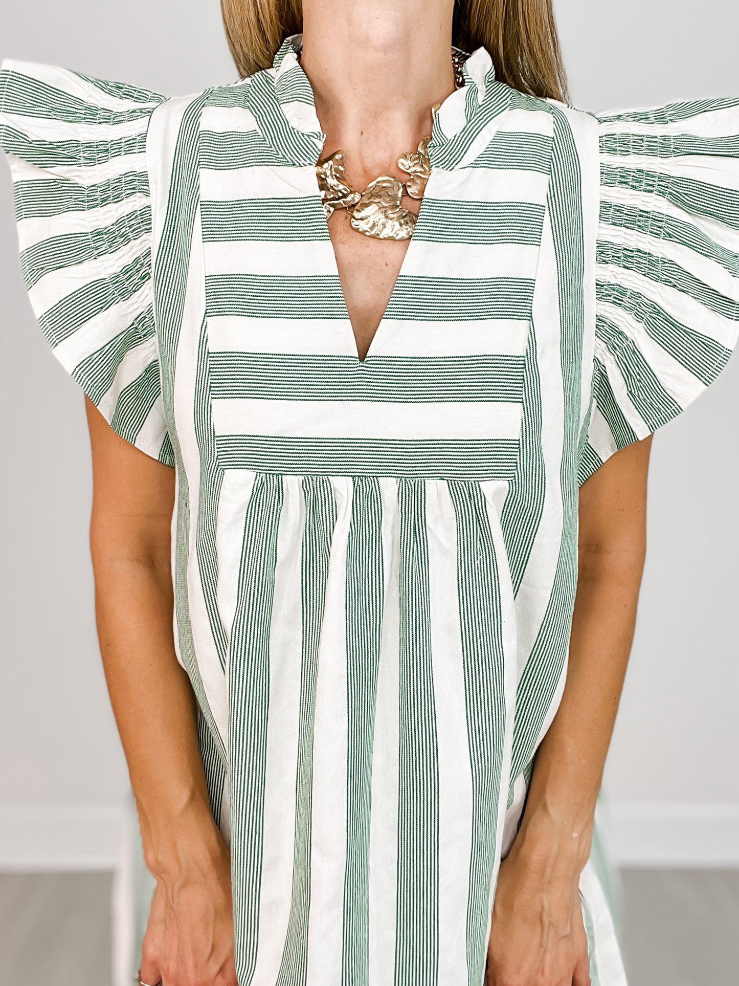 Striped V-Neck Ruffle Sleeve V-Neck Mini Dress