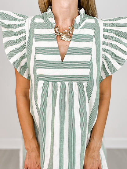 Striped V-Neck Ruffle Sleeve V-Neck Mini Dress