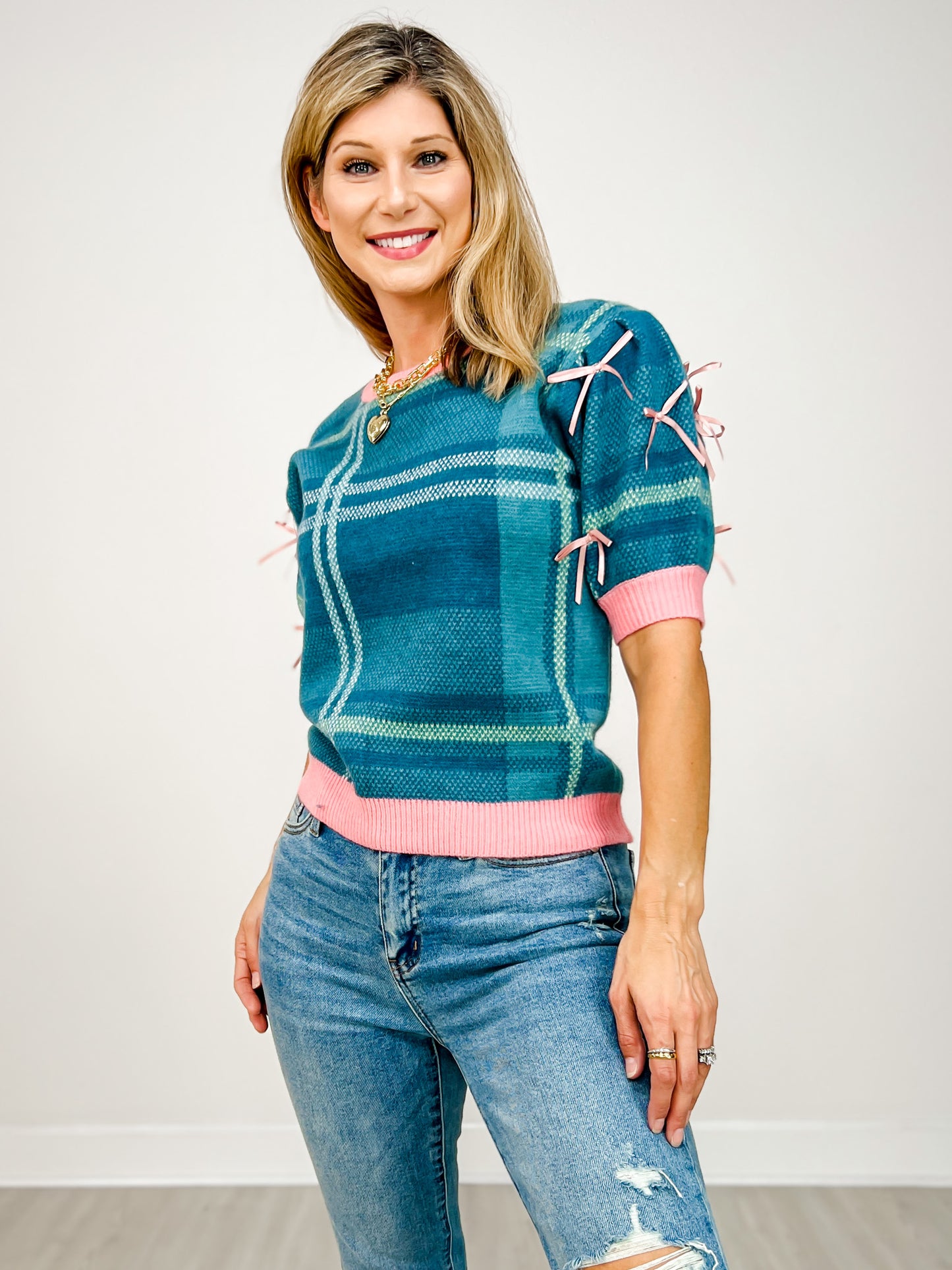 Turquoise Plaid Sweater with Puff Sleeves