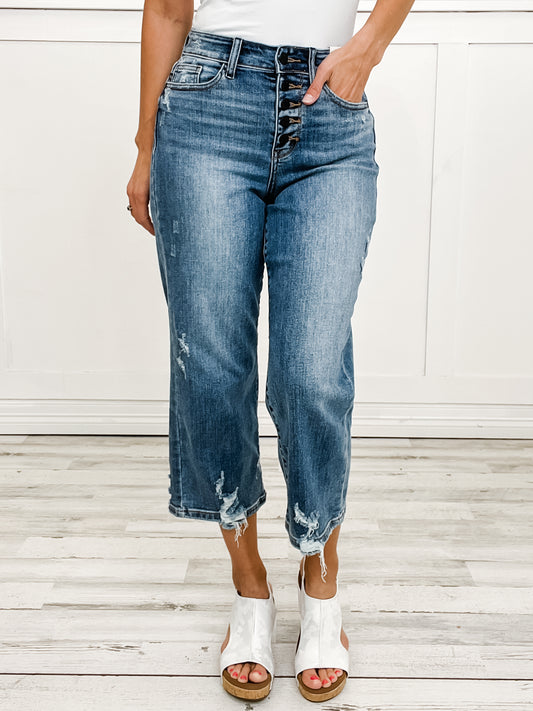 Judy Blue Darla Hi-Rise Button Fly Wide Leg Distressed Crop Denim Jeans